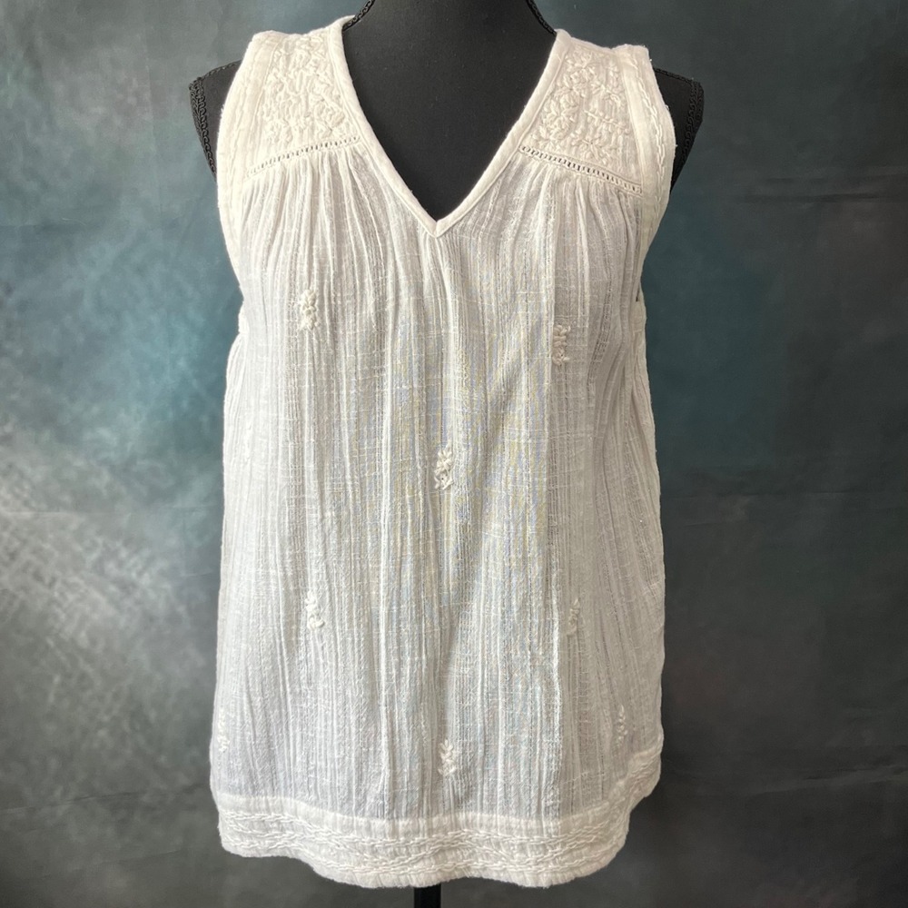 C&C California Womens White Embroidered Gauze Sleeveless V-Neck Boho Top Small